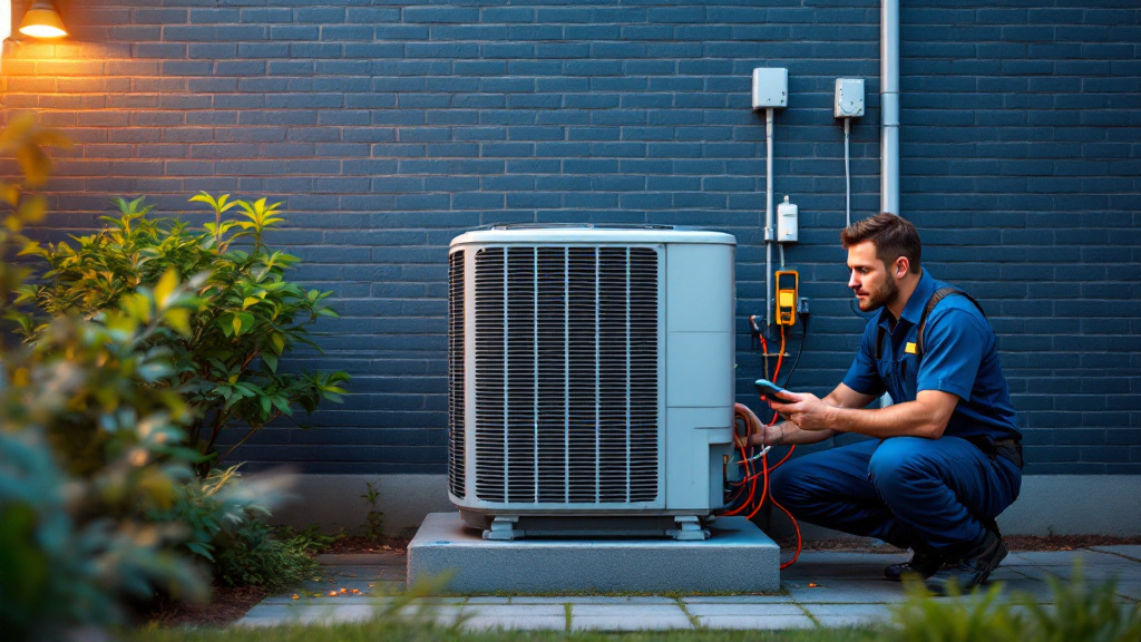 Illustrative HVAC technician diagnosing an outdoor air-conditioning condenser
