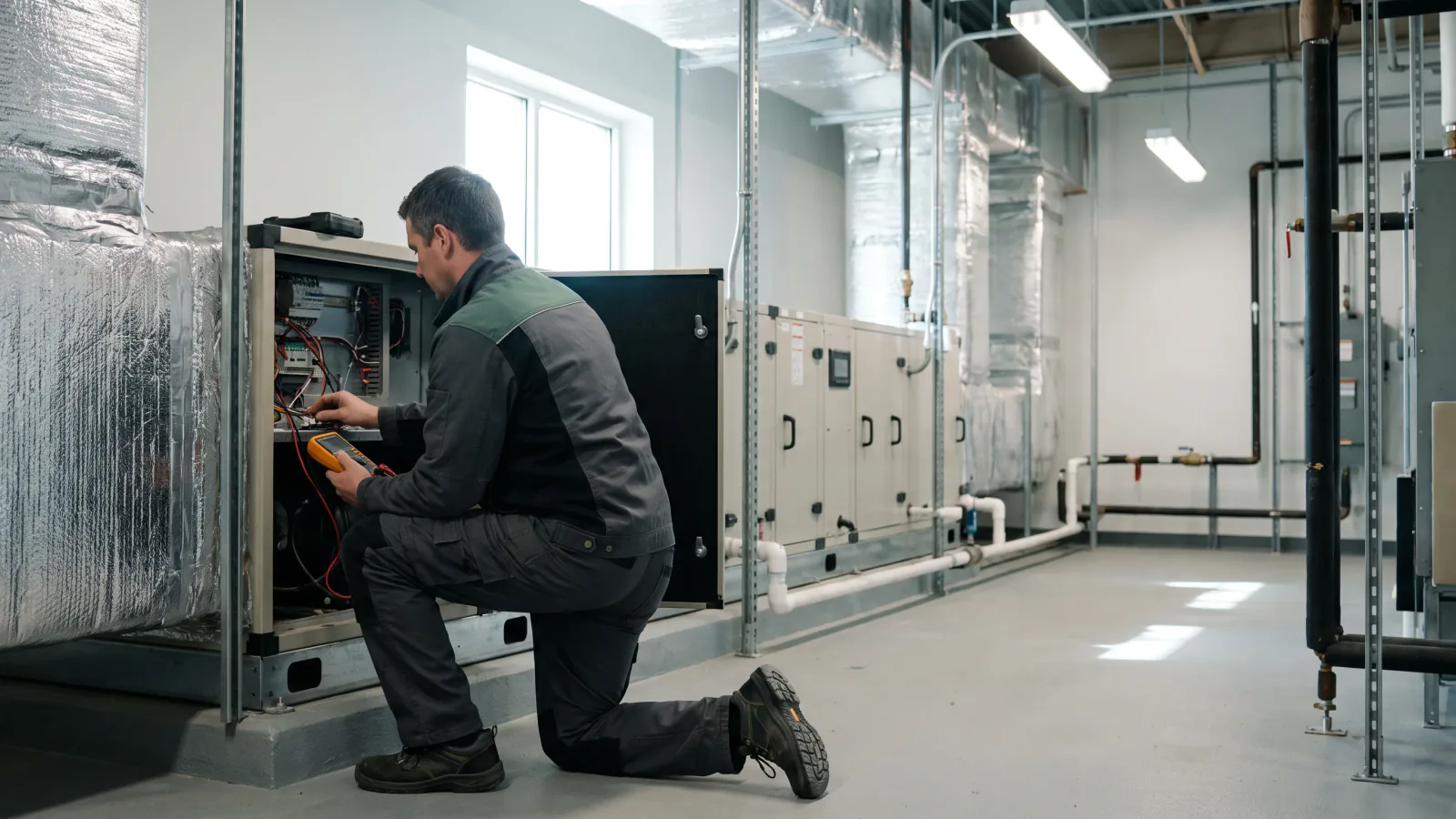 Commercial HVAC technician inspecting rooftop equipment and controls