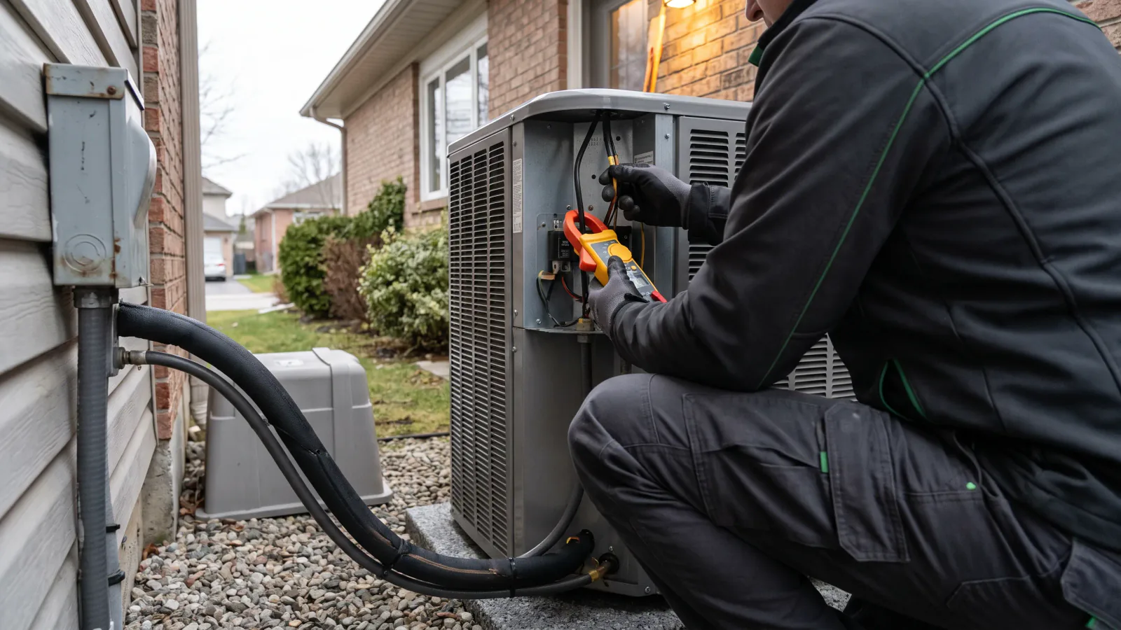 Residential heating and cooling equipment with a technician inspecting the system