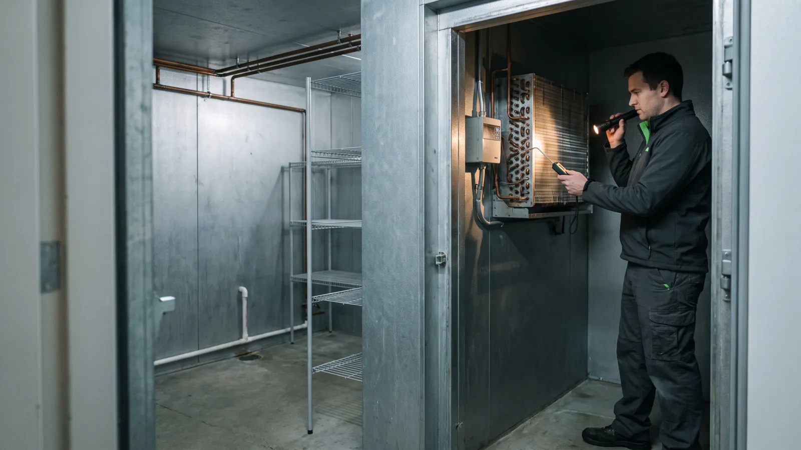 Commercial refrigeration technician inspecting walk-in cooler equipment