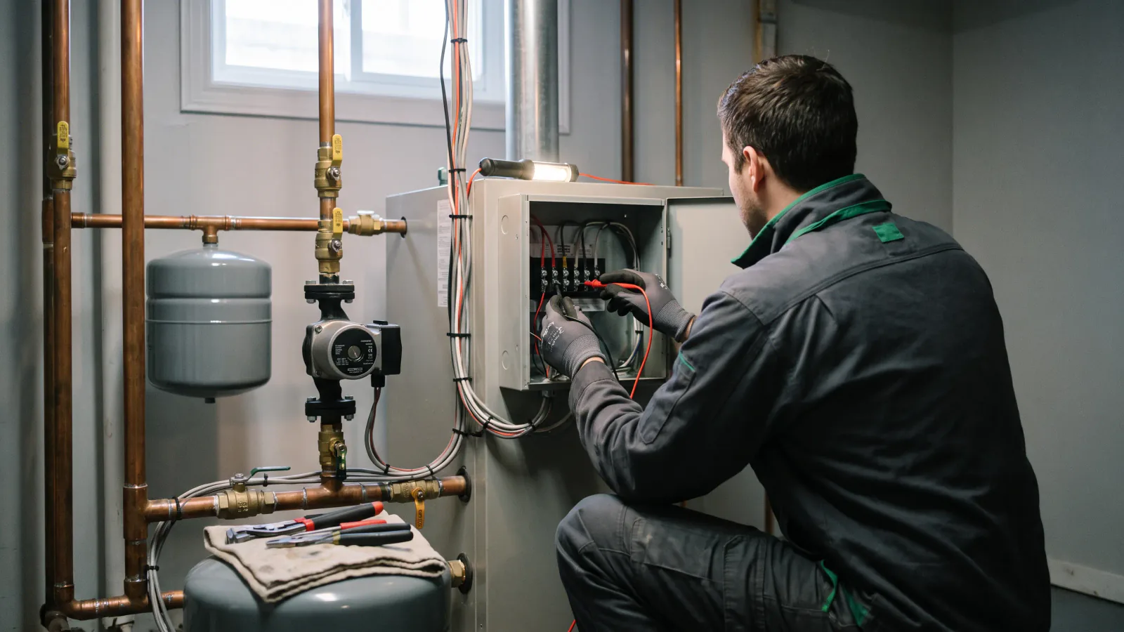 Technician inspecting boiler and water-system pump equipment in a mechanical room