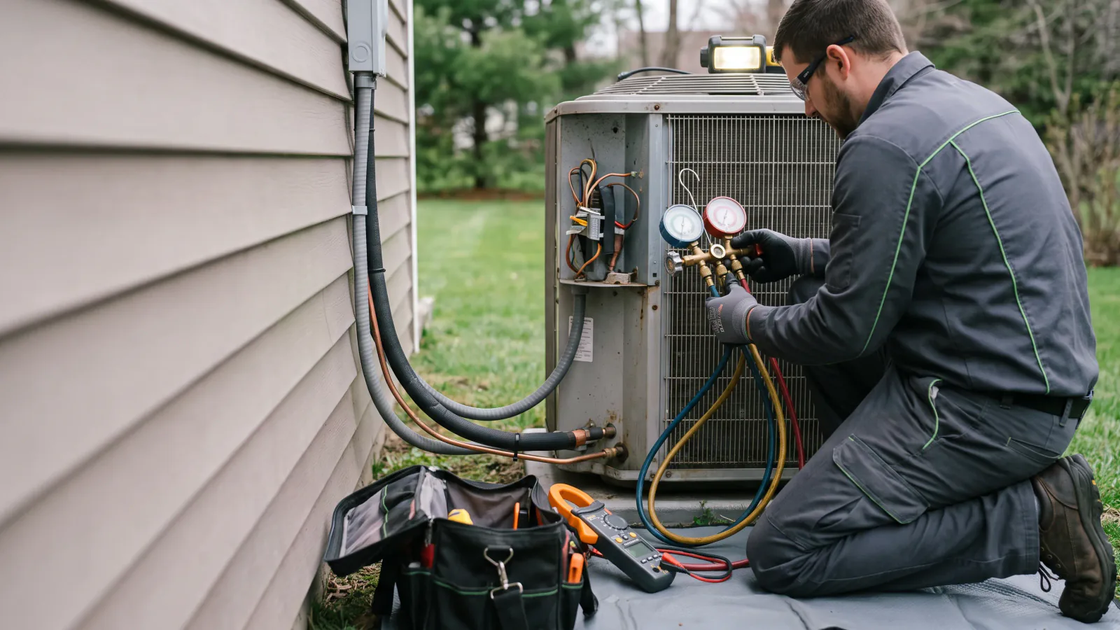 HVAC technician checking an outdoor air-conditioning condenser with diagnostic gauges