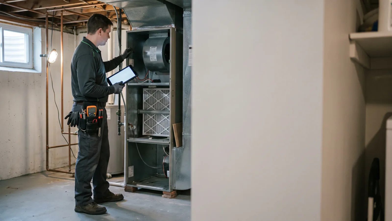 HVAC technician explaining system readings beside residential heating and cooling equipment