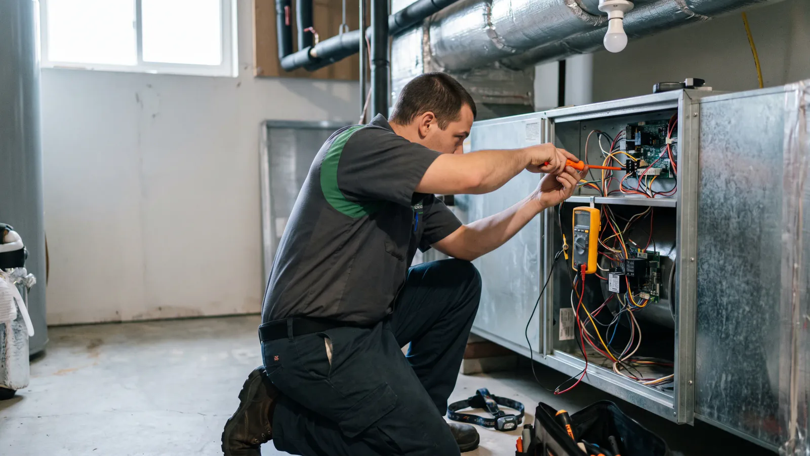 HVAC technician repairing electrical controls inside an open air-handler cabinet